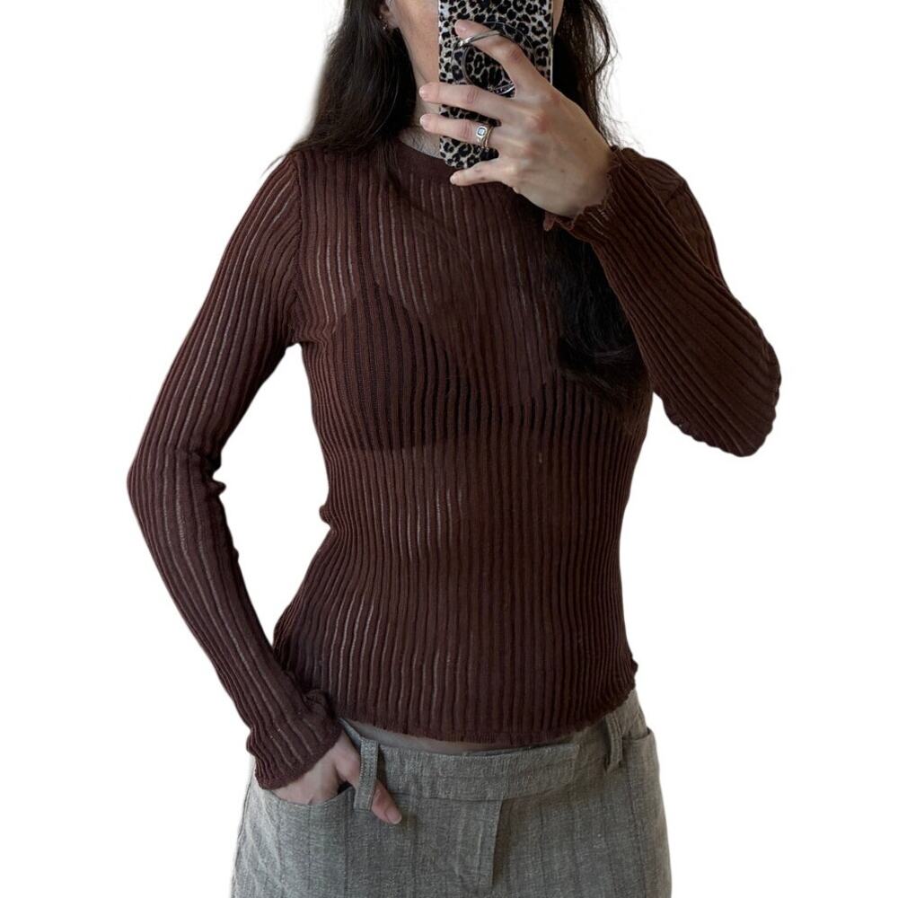 Sheer Brown Textured Rib-knit Long Sleeve Sweater Top Size Small